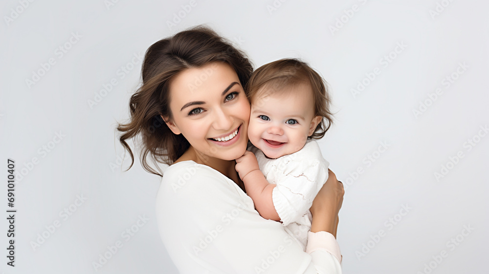 Portrait of happy mother embracing her baby girl isolated on white background. Portrait of happy mother embracing her baby girl isolated on white background.