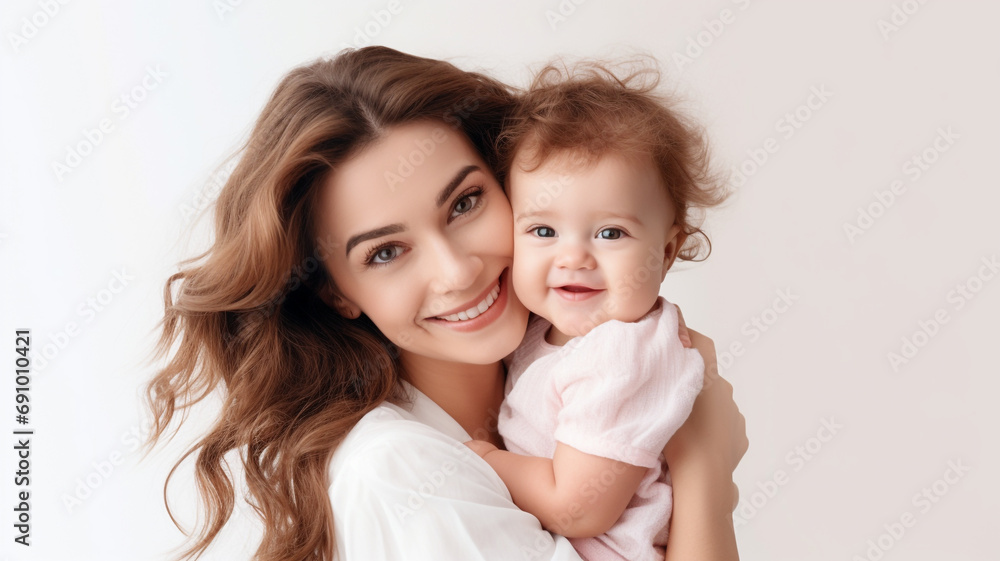 Portrait of happy mother embracing her baby girl isolated on white background. Portrait of happy mother embracing her baby girl isolated on white background.