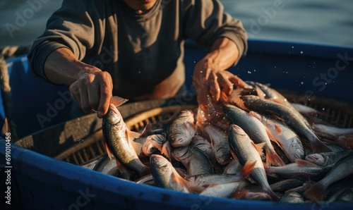 Happy asian fisherman with a lot of fishes on a fishing boat