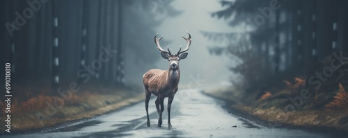 Deer standing on the road near forest at early morning © Celina