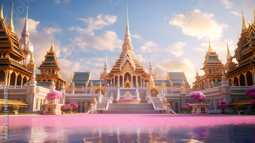 A pink beautiful grand queen palace ,Opulent Queen in a Grand Palace Surrounded by flowers , summing pool Generative AI photo