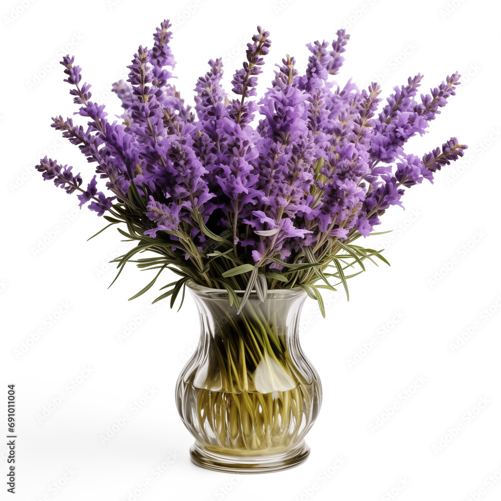 Fototapeta premium Fresh lavender flowers in a vase with water isolated on transparent background. Generative AI