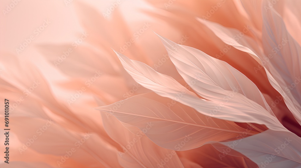 An elegant and soothing abstract background featuring stylized leaves in a delicate peach fuzz hue, embodying a minimalist aesthetic with a soft, textured appearance. - obrazy, fototapety, plakaty 