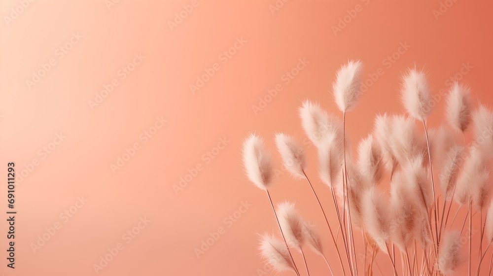 An elegant and serene essence of minimalism, featuring delicate dried bunny tail grass in a soft hue, set against a clean, neutral background with ample copy space for text.