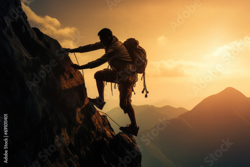 man support climbing on mountain on background