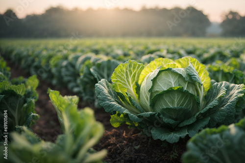young cabbage grows in the farmer field, growing cabbage in the open field with beautiful sunlight . agricultural business.