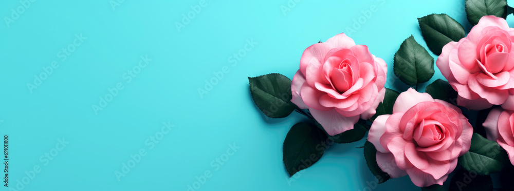 pink roses on turquoise backdrop, valentines day banner, copy space