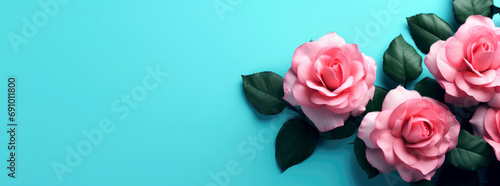 pink roses on turquoise backdrop  valentines day banner  copy space