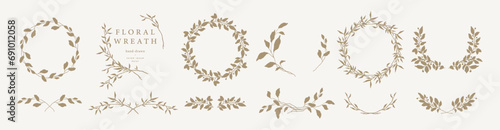 Elegant floral frames with hand drawn silhouettes of branches and leaves. Vector flower wreaths for labels, corporate identity, wedding invitation, save the date, logo