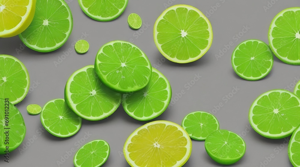 Whole limes, Half lemon,isolated on green abstract background for 2024 wishes with copyspace, Generative AI.