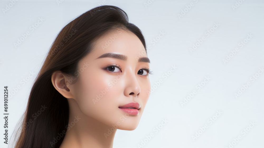 Young asian girl with perfect skin on white background. Female Skin care editorial. Asian beauty portrait. Young asian girl with perfect skin on white background. Female Skin care editorial. Asian beauty portrait.
