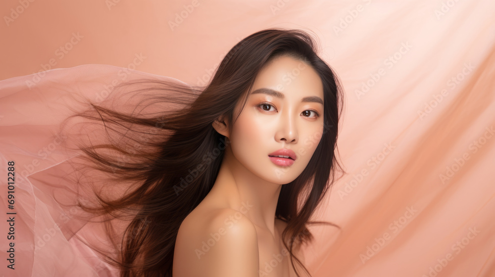Young asian girl with perfect skin on rose background. Female Skin care editorial. Asian beauty portrait. Young asian girl with perfect skin on rose background. Female Skin care editorial. Asian beauty portrait.