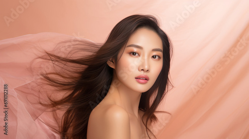 Young asian girl with perfect skin on rose background. Female Skin care editorial. Asian beauty portrait. 
