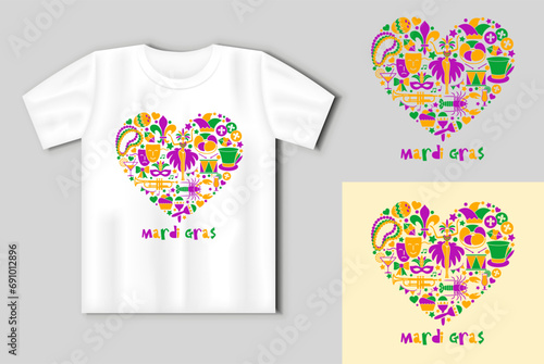 Mardi Gras carnival heart composition. Vector concept with t-shirt mockup