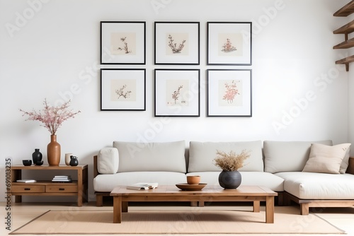 Coffee table near a white sofa and wooden cabinets against a wall background with empty frames  with copy space. Interior design of a spacious and bright living