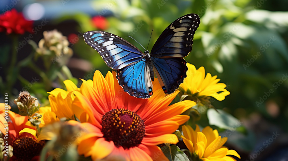 妖精の庭の青い葉の背景に青いモナーク蝶と明るい夏の花GenerativeAI