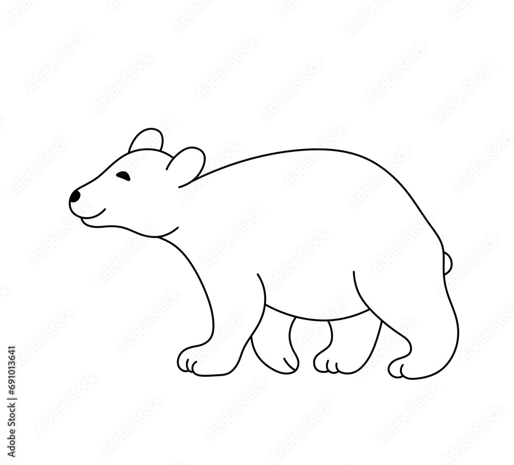 Fototapeta premium Vector isolated cute cartoon walking bear side view colorless black and white contour line easy drawing
