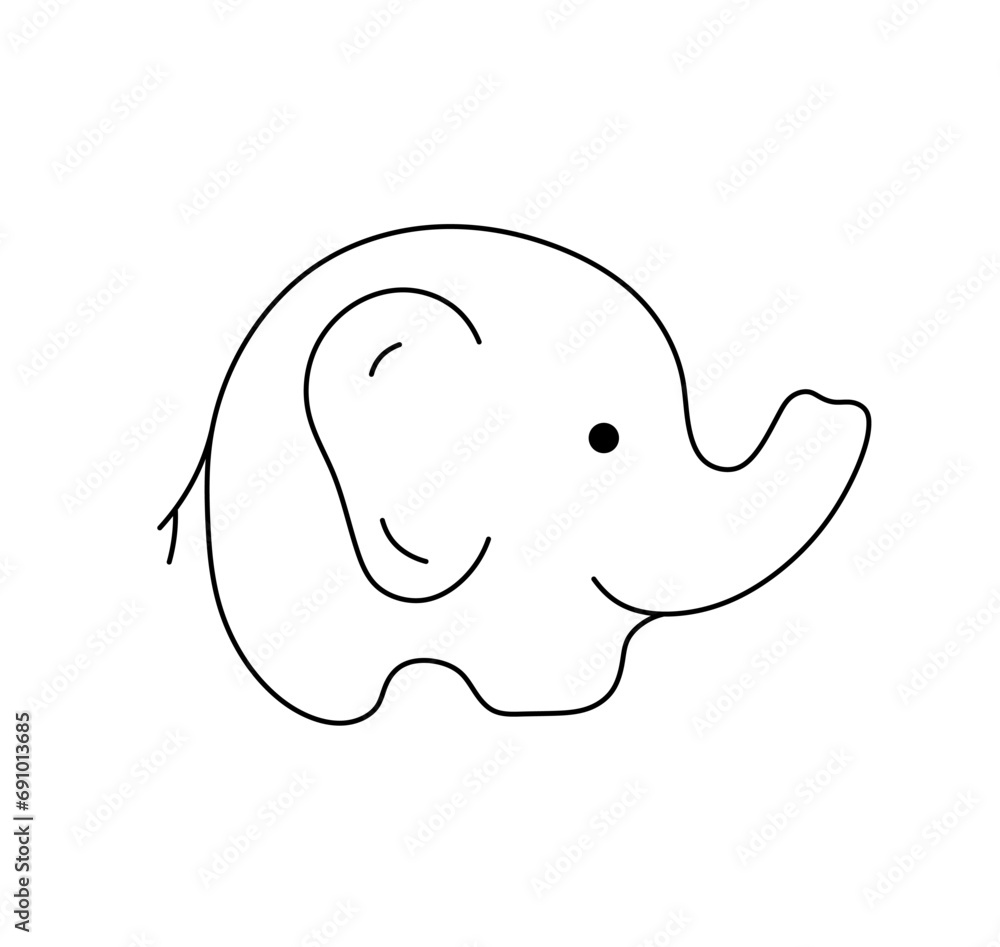 Vector isolated cute cartoon little baby elephant side view colorless black and white contour line easy drawing Vector isolated cute cartoon little baby elephant side view colorless black and white contour line easy drawing