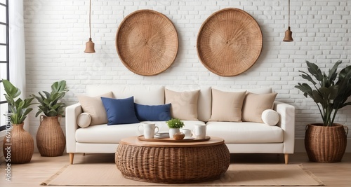 Interior design of a country house in the French style, modern living room. A round wicker coffee table sits next to a white sofa with blue cushions against a white brick wall.