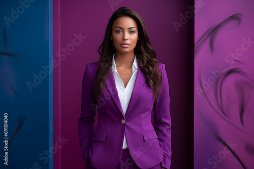 african american businesswoman in stylish suit against purple backdrop