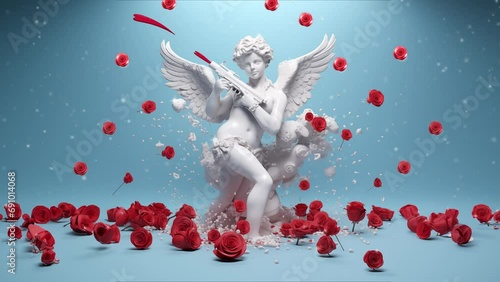 Sculpture Of Cupids Hold A Big Gun Shooting Red Small Hearts on Pastel Blue Background. 3d Modeled And Animated Video. Abstract Background For Love Theme. Valentines Day background. 