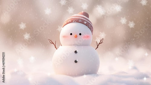 little snowman on the snow in the winter. Winter holiday background. snowman with hat and scarf. snowy landscape in the forest