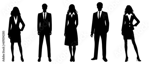Businessman and businesswoman standing silhouette black filled vector Illustration icon Diverse Group of Business Silhouettes Standing Confidently in Professional Attire
