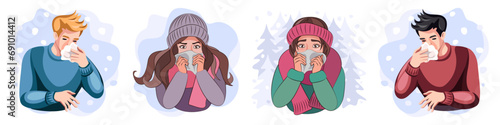 Colds, seasonal flu. Set of different sick young people, boys and girls. People blow their noses into tissues and wear warm clothes. Feeling unwell in cold weather. Winter