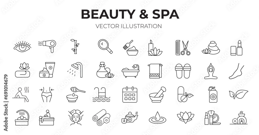 Beauty & Spa editable stroke outline icons set. Beauty, yoga, aromatherapy, spa, skin care, massage and cosmetics. Vector illustration
 - obrazy, fototapety, plakaty 