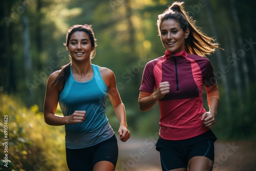 Trailblazing Fitness: Close-Up Shot of Two Women in Athleisure Clothing on a Trail Run