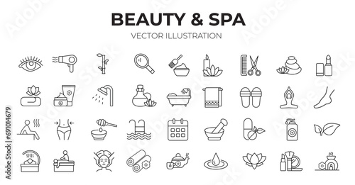 Beauty   Spa editable stroke outline icons set. Beauty  yoga  aromatherapy  spa  skin care  massage and cosmetics. Vector illustration 