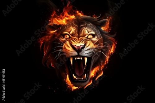 Roaring Inferno  Lion Head Amidst Fire and Flames on a Black Background