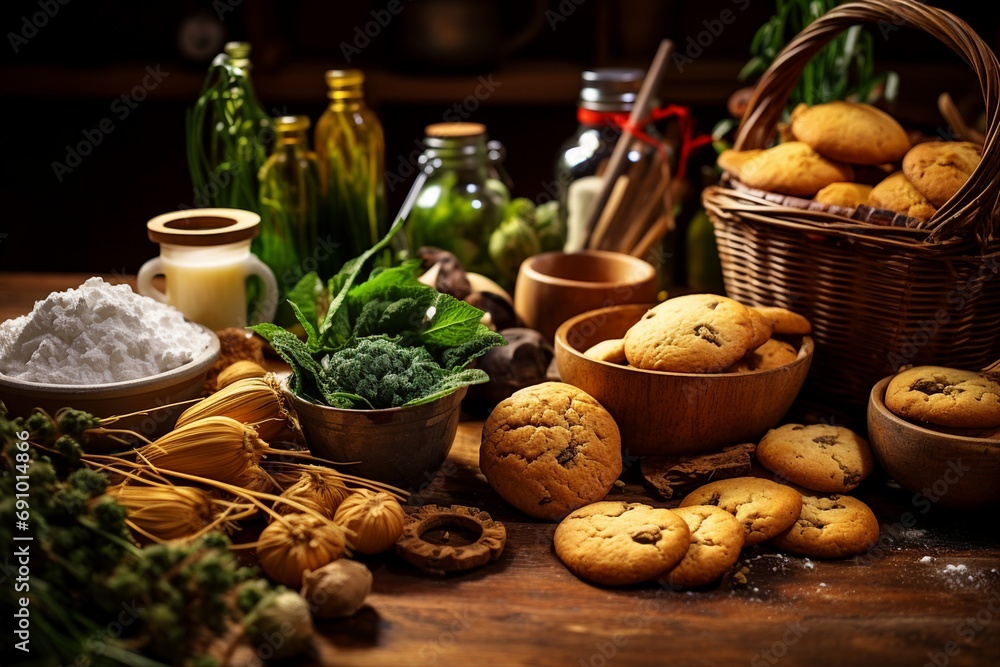 A table full of cooking ingredients with a basket of muffins and other cookies background, displaying a setup for culinary creations. A table full of cooking ingredients with a basket of muffins and other cookies background, displaying a setup for culinary creations.