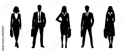 Confident Corporate Team Silhouettes Ready for Business with Briefcases Businessman and woman standing with bag silhouette black filled vector Illustration icon