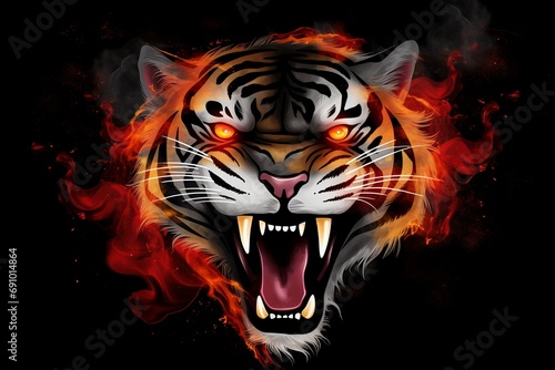 Tiger's Fury: Roaring Head Surrounded by Intense Fire and Flames on Black © Martin