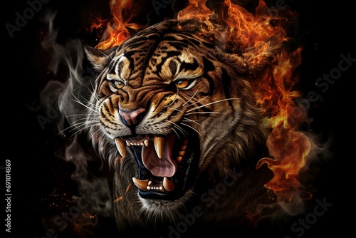 Roaring Inferno: Tiger Head Amidst Fire and Flames on a Black Background © Martin