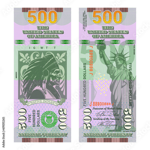 Vector new vertical banknote of 500 US dollars 2024. Obverse and reverse. Statue of Liberty and native american indian. National currency.