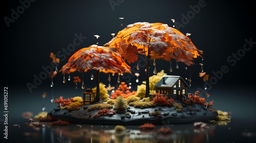 Toy little house standing under umbrella of autumn trees. Home property insurance concept. AI generated photo