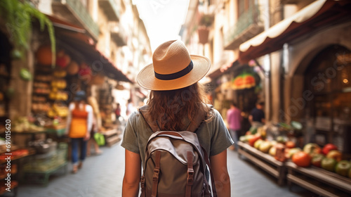 Travel woman with a backpack walking in the street of town on a sunny day © HQ2X2