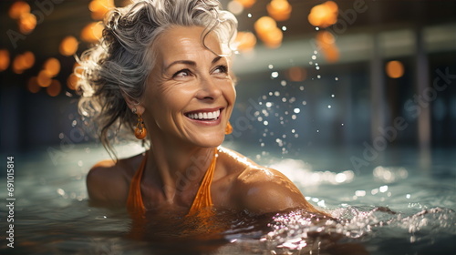 Happy elderly woman with gray hair swimming in pool. Travel and relaxation in retirement. AI generated