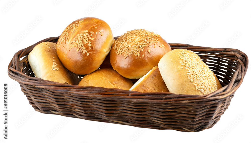 basket with bread rolls isolated on white background, cut out 