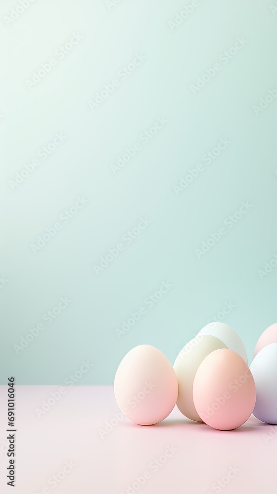 Fototapeta premium A serene Easter setting with a soft pastel gradient background, adorned with a collection of delicately colored eggs