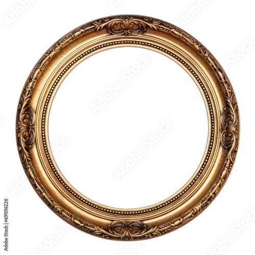 Antique gold circle frame photo with empty blank canvas. PNG cut out Isolated on transparent background