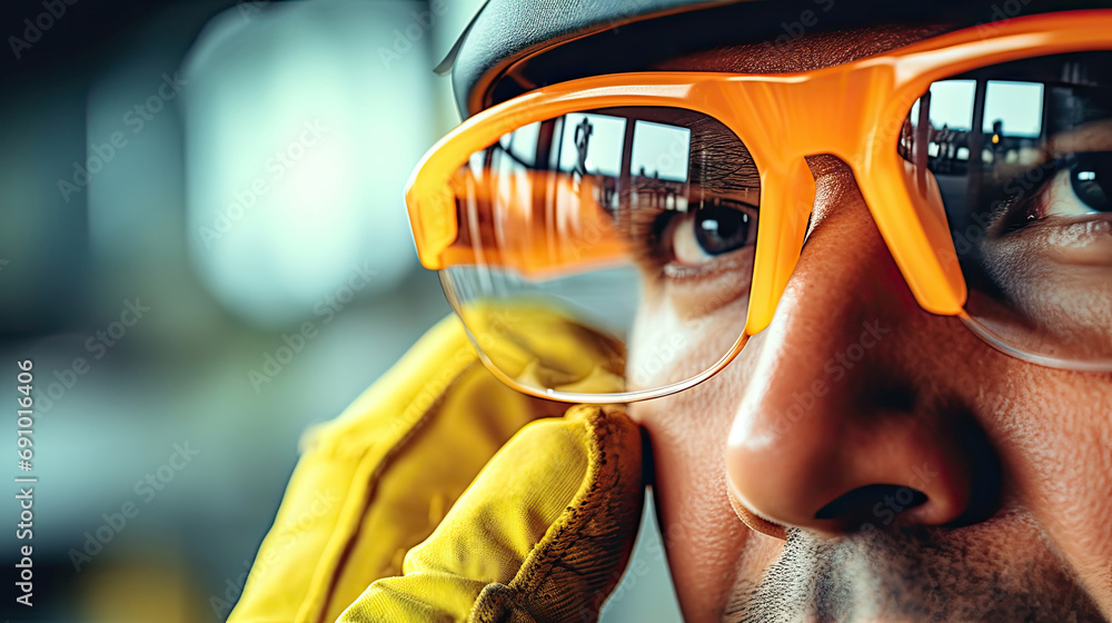 Closeup of Professional Construction Worker Wearing Yellow Hard Hat, Protective Glasses and Gloves. Industrial Safety Equipment Theme, Generative AI - obrazy, fototapety, plakaty 