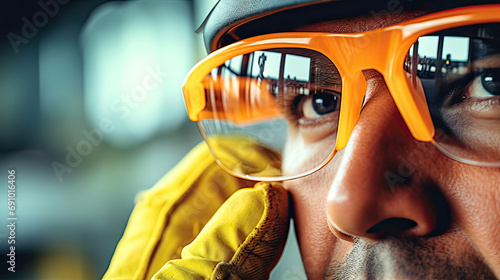 Closeup of Professional Construction Worker Wearing Yellow Hard Hat, Protective Glasses and Gloves. Industrial Safety Equipment Theme, Generative AI photo