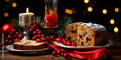 Christmas panettone with chocolate and traditional Italian dessert cake on a decorated table
