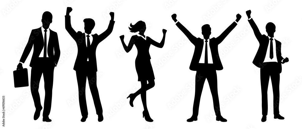 Victorious Business Executives Celebrating Success with Raised Arms in Silhouette Businessman and woman expressing joy silhouette black filled vector Illustration icon Victorious Business Executives Celebrating Success with Raised Arms in Silhouette Businessman and woman expressing joy silhouette black filled vector Illustration icon