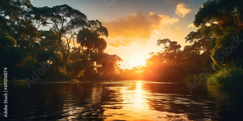 sunset on the lake,Point of view shot of river in morning sun tree silhouette golden hour concept,Amazon River ,Amazon Rainforest Sunset ,Tranquil scene of beauty in nature sunset generated by AI photo