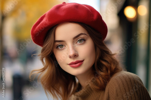 Beautiful French woman wearing a red beret photo