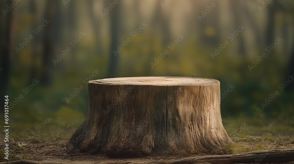 Wooden stump in the forest, among the trees.